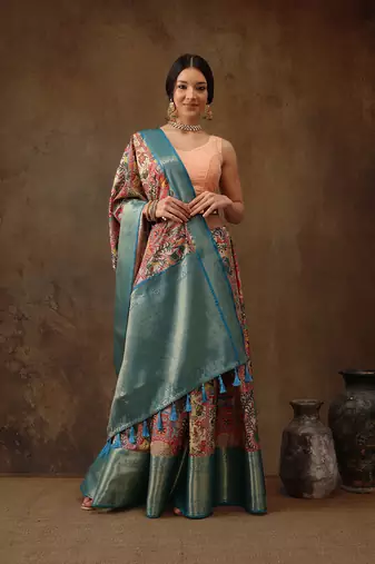 Multicolor Faux Kanjeevaram Pattu Zari Woven Border Digital Printed Saree