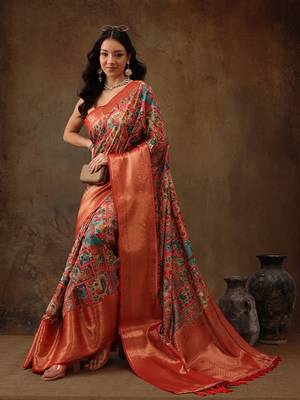 Multicolor Faux Kanjeevaram Pattu Zari Woven Border Digital Printed Saree 1