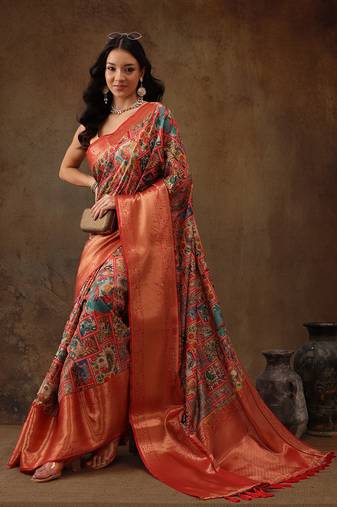Multicolor Faux Kanjeevaram Pattu Zari Woven Border Digital Printed Saree