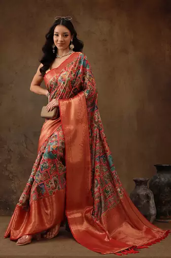 Multicolor Faux Kanjeevaram Pattu Zari Woven Border Digital Printed Saree