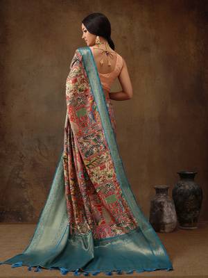 Multicolor Faux Kanjeevaram Pattu Zari Woven Border Digital Printed Saree 4