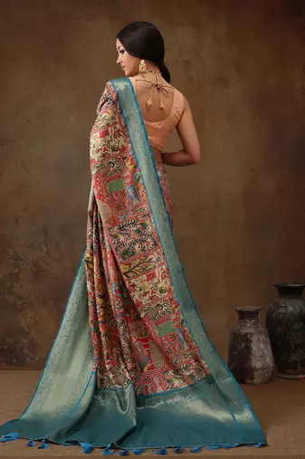 Multicolor Faux Kanjeevaram Pattu Zari Woven Border Digital Printed Saree