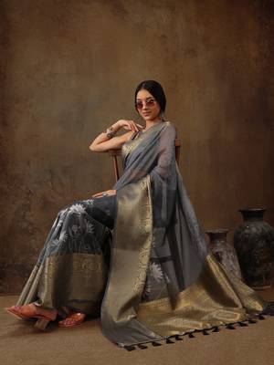 Grey Munga Silk Floral Printed Zari Woven Saree 1
