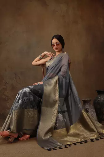 Grey Munga Silk Floral Printed Zari Woven Saree