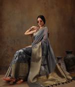 Grey Munga Silk Floral Printed Zari Woven Saree