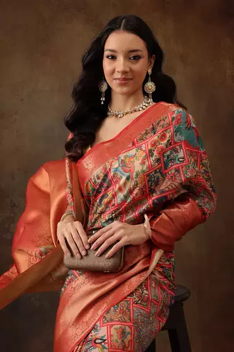 Multicolor Faux Kanjeevaram Pattu Zari Woven Border Digital Printed Saree