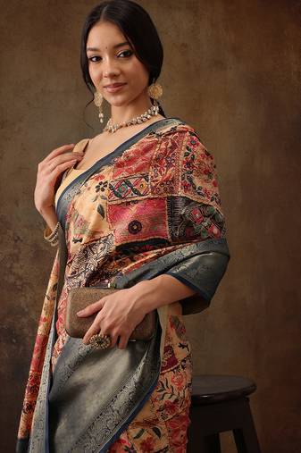 Multicolor Faux Kanjeevaram Pattu Zari Woven Border Digital Printed Saree