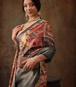 Multicolor Faux Kanjeevaram Pattu Zari Woven Border Digital Printed Saree