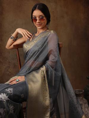 Grey Munga Silk Floral Printed Zari Woven Saree 2