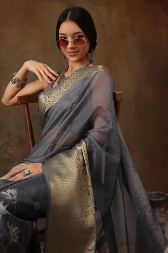 Grey Munga Silk Floral Printed Zari Woven Saree