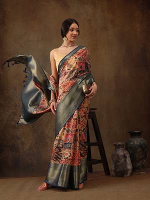 Multicolor Faux Kanjeevaram Pattu Zari Woven Border Digital Printed Saree 2
