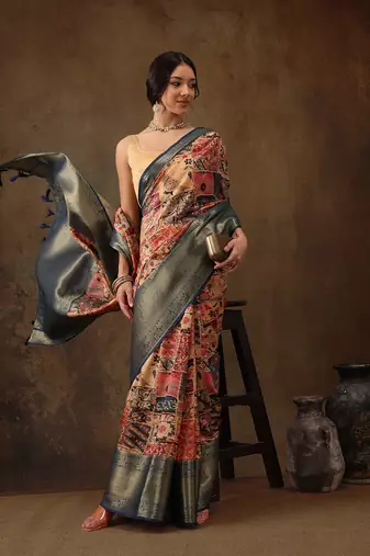 Multicolor Faux Kanjeevaram Pattu Zari Woven Border Digital Printed Saree