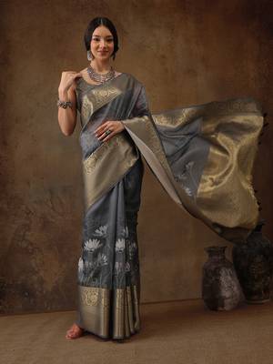 Grey Munga Silk Floral Printed Zari Woven Saree 3