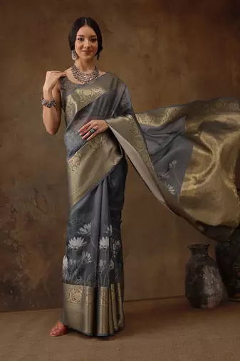 Grey Munga Silk Floral Printed Zari Woven Saree