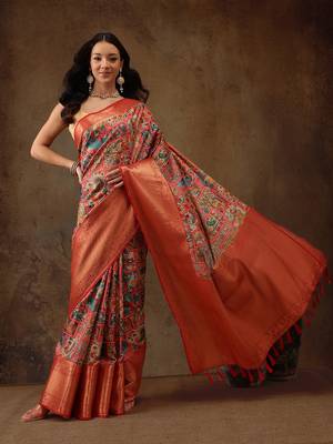 Multicolor Faux Kanjeevaram Pattu Zari Woven Border Digital Printed Saree 3