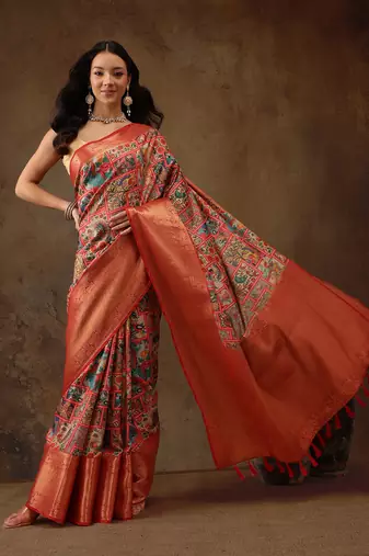 Multicolor Faux Kanjeevaram Pattu Zari Woven Border Digital Printed Saree
