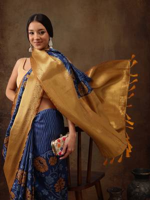 Blue Faux Kanjeevaram Pattu Zari Woven Border Floral Printed Saree 1