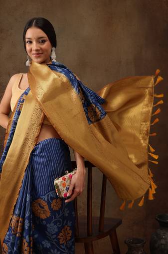 Blue Faux Kanjeevaram Pattu Zari Woven Border Floral Printed Saree