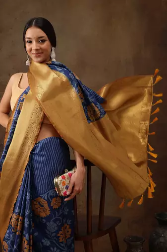 Blue Faux Kanjeevaram Pattu Zari Woven Border Floral Printed Saree