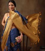 Blue Faux Kanjeevaram Pattu Zari Woven Border Floral Printed Saree
