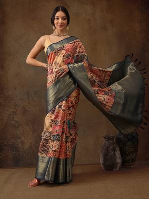 Multicolor Faux Kanjeevaram Pattu Zari Woven Border Digital Printed Saree 3