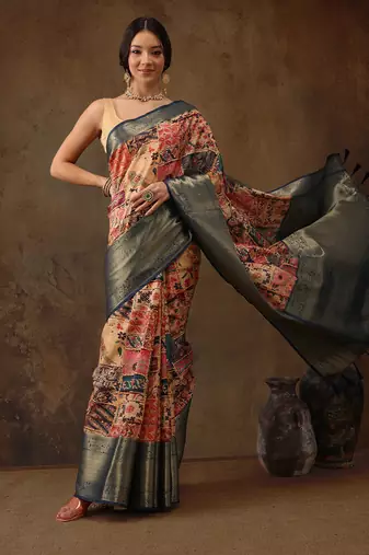 Multicolor Faux Kanjeevaram Pattu Zari Woven Border Digital Printed Saree