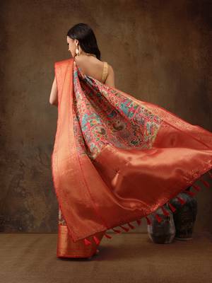 Multicolor Faux Kanjeevaram Pattu Zari Woven Border Digital Printed Saree 4