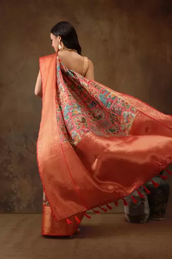 Multicolor Faux Kanjeevaram Pattu Zari Woven Border Digital Printed Saree
