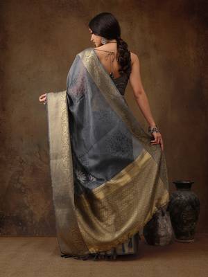 Grey Munga Silk Floral Printed Zari Woven Saree 4