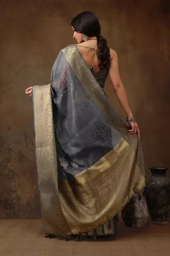 Grey Munga Silk Floral Printed Zari Woven Saree