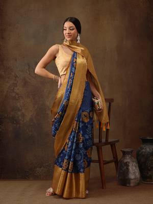 Blue Faux Kanjeevaram Pattu Zari Woven Border Floral Printed Saree 2