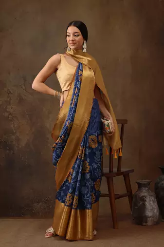 Blue Faux Kanjeevaram Pattu Zari Woven Border Floral Printed Saree