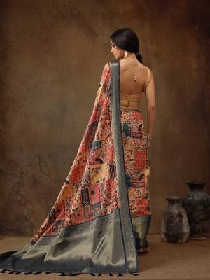 Multicolor Faux Kanjeevaram Pattu Zari Woven Border Digital Printed Saree 4