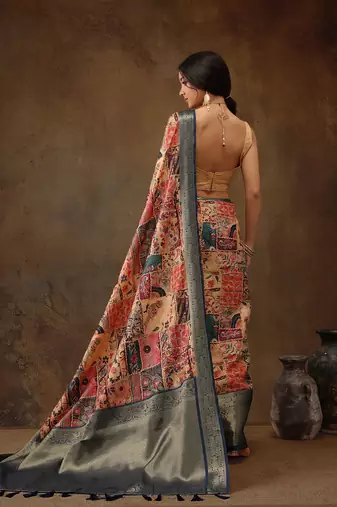 Multicolor Faux Kanjeevaram Pattu Zari Woven Border Digital Printed Saree
