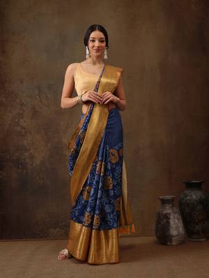 Blue Faux Kanjeevaram Pattu Zari Woven Border Floral Printed Saree 3