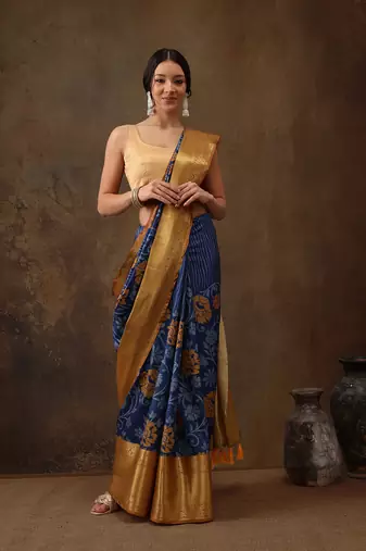 Blue Faux Kanjeevaram Pattu Zari Woven Border Floral Printed Saree