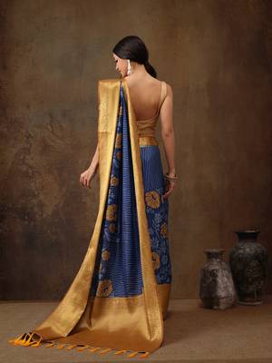 Blue Faux Kanjeevaram Pattu Zari Woven Border Floral Printed Saree 4