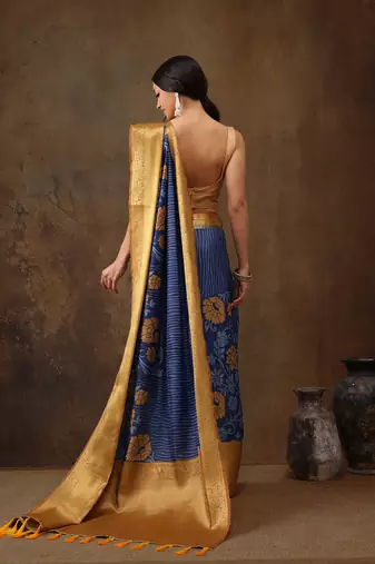 Blue Faux Kanjeevaram Pattu Zari Woven Border Floral Printed Saree
