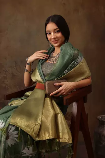 Green Munga Silk Floral Printed Zari Woven Saree