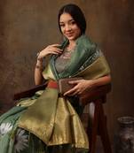 Green Munga Silk Floral Printed Zari Woven Saree