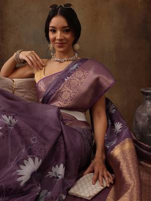 Lavender Munga Silk Floral Printed Zari Woven Saree 1