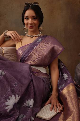 Lavender Munga Silk Floral Printed Zari Woven Saree