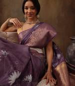 Lavender Munga Silk Floral Printed Zari Woven Saree