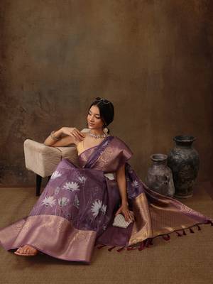 Lavender Munga Silk Floral Printed Zari Woven Saree 2