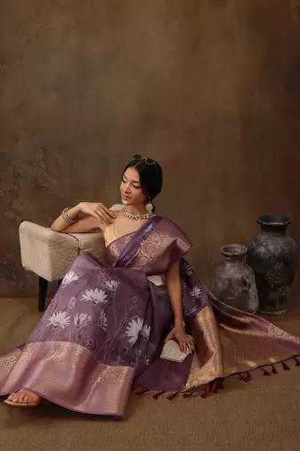 Lavender Munga Silk Floral Printed Zari Woven Saree