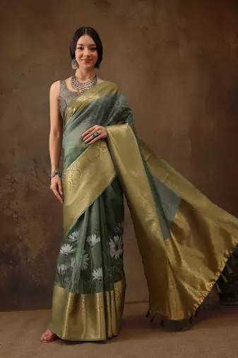 Green Munga Silk Floral Printed Zari Woven Saree