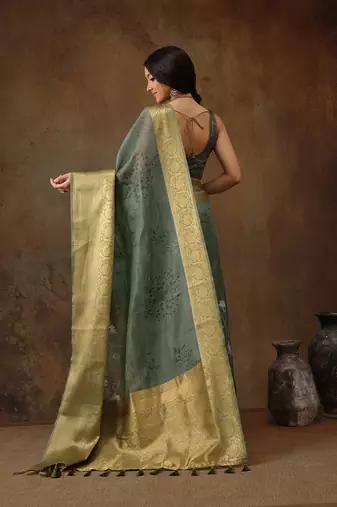 Green Munga Silk Floral Printed Zari Woven Saree