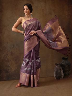 Lavender Munga Silk Floral Printed Zari Woven Saree 3