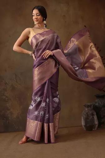 Lavender Munga Silk Floral Printed Zari Woven Saree