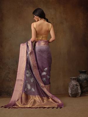 Lavender Munga Silk Floral Printed Zari Woven Saree 4